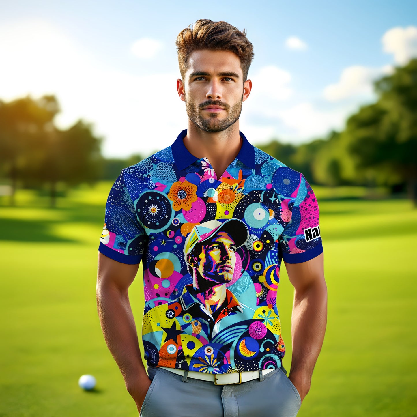 HomyGifts Custom Face Polo Shirt – Personalized Abstract Geometric Art Photo Shirt, Unique Gift for Him & Her