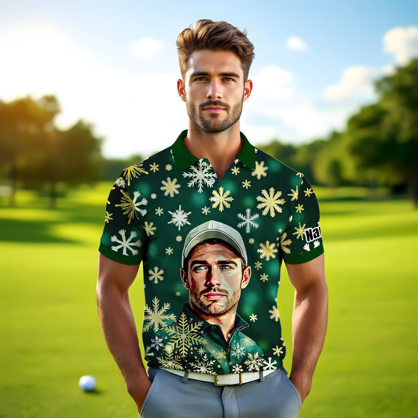 Custom Face Golf Polo Shirt – Personalized Christmas Golf Shirt for Him, Unique Holiday Gift for Golfer, Snowflake Design Golf Apparel Style 20