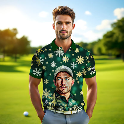 Custom Face Golf Polo Shirt – Personalized Christmas Golf Shirt for Him, Unique Holiday Gift for Golfer, Snowflake Design Golf Apparel Style 20