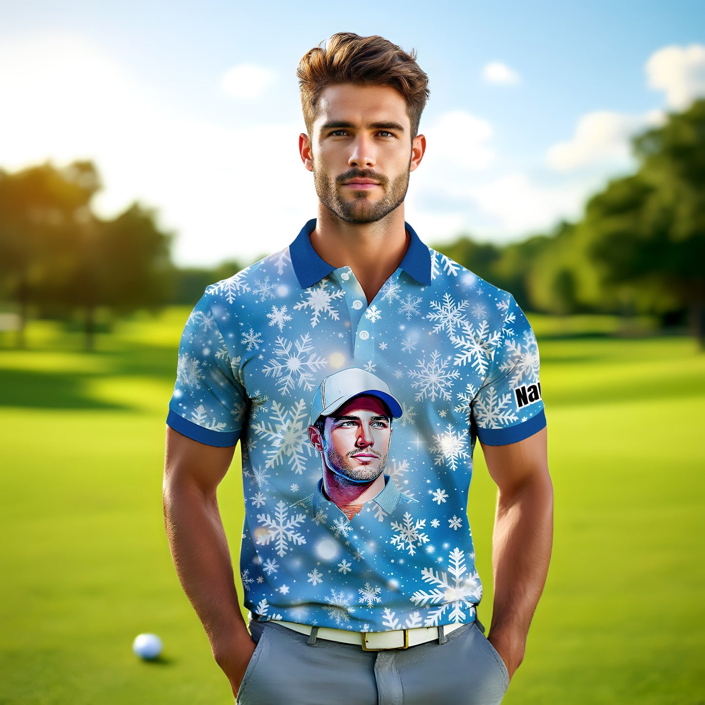 Custom Face Golf Polo Shirt – Personalized Christmas Golf Shirt for Him, Unique Holiday Gift for Golfer, Snowflake Design Golf Apparel Style 2