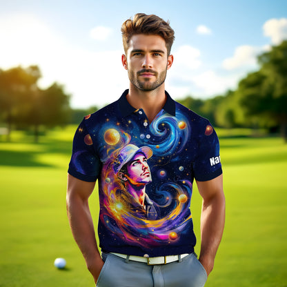 Custom Cosmic Portrait Polo Shirt – Personalized Surreal Galaxy Art with Your Face | Unique Gift for Golfers, Sports & Astrology Fans Style 3
