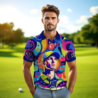 HomyGifts Custom Face Polo Shirt – Personalized Abstract Geometric Art Photo Shirt, Unique Gift for Him & Her
