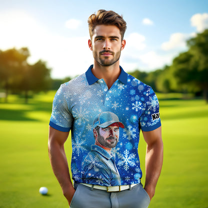 Custom Face Golf Polo Shirt – Personalized Christmas Golf Shirt for Him, Unique Holiday Gift for Golfer, Snowflake Design Golf Apparel Style 8