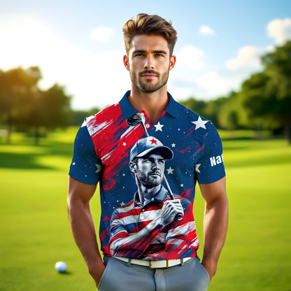 HomyGifts Men's Customized Face Artistic Golf Polo Shirt, Personalized American Flag Design, Unique Gift for Patriotic Golfers Style 16