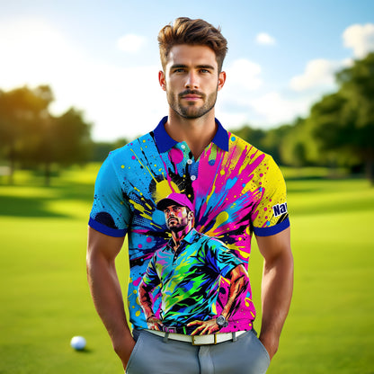 HomyGifts Men's Customized Face Artistic Golf Polo Shirt, Personalized Pop Art Golf Polo, Portrait Gift for Golfers Style 12