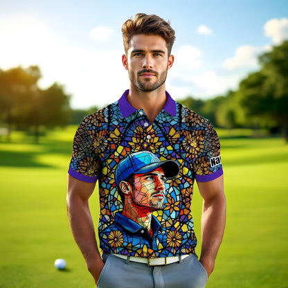 Custom Face Golf Polo Shirt – Personalized Stained Glass Art Shirt, Unique Golf Gift for Him, Colorful Abstract Golf Polo, Custom Sportswear