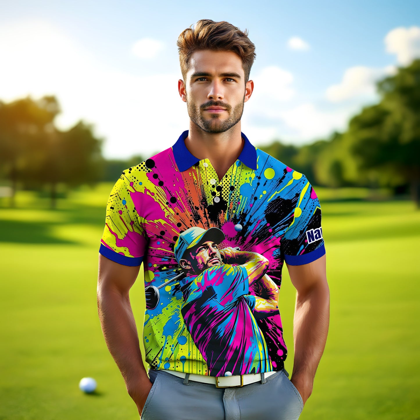 HomyGifts Men's Customized Face Artistic Golf Polo Shirt, Personalized Pop Art Golf Polo, Portrait Gift for Golfers Style 7