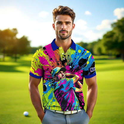 HomyGifts Men's Customized Face Artistic Golf Polo Shirt, Personalized Pop Art Golf Polo, Portrait Gift for Golfers Style 7