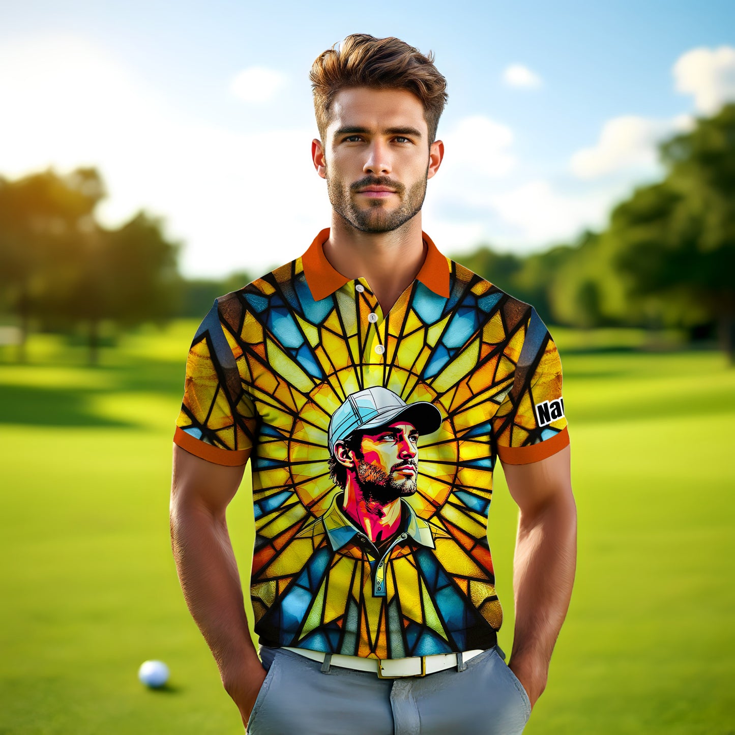 HomyGifts Men's Customized Face Artistic Golf Polo Shirt, Angular Geometric Glass Pattern, Stained-Glass Mosaic Print, Personalized Sublimation Golf Shirt, Vibrant Geometric Portrait Tee