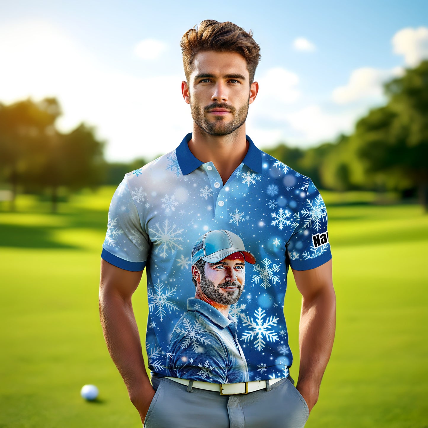Custom Face Golf Polo Shirt – Personalized Christmas Golf Shirt for Him, Unique Holiday Gift for Golfer, Snowflake Design Golf Apparel Style 3