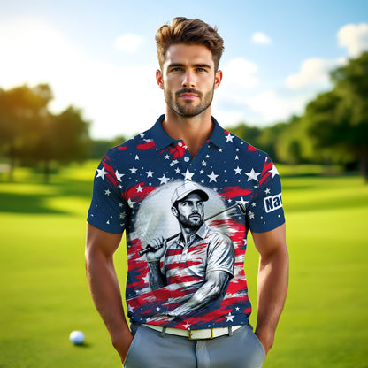 HomyGifts Men's Customized Face Artistic Golf Polo Shirt, Personalized American Flag Design, Unique Gift for Patriotic Golfers Style 22