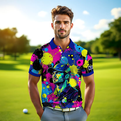 HomyGifts Men's Customized Face Artistic Golf Polo Shirt, Personalized Pop Art Golf Polo, Portrait Gift for Golfers Style 2