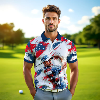 HomyGifts Men's Customized Face Artistic Golf Polo Shirt, Personalized American Flag Design, Unique Gift for Patriotic Golfers Style 27