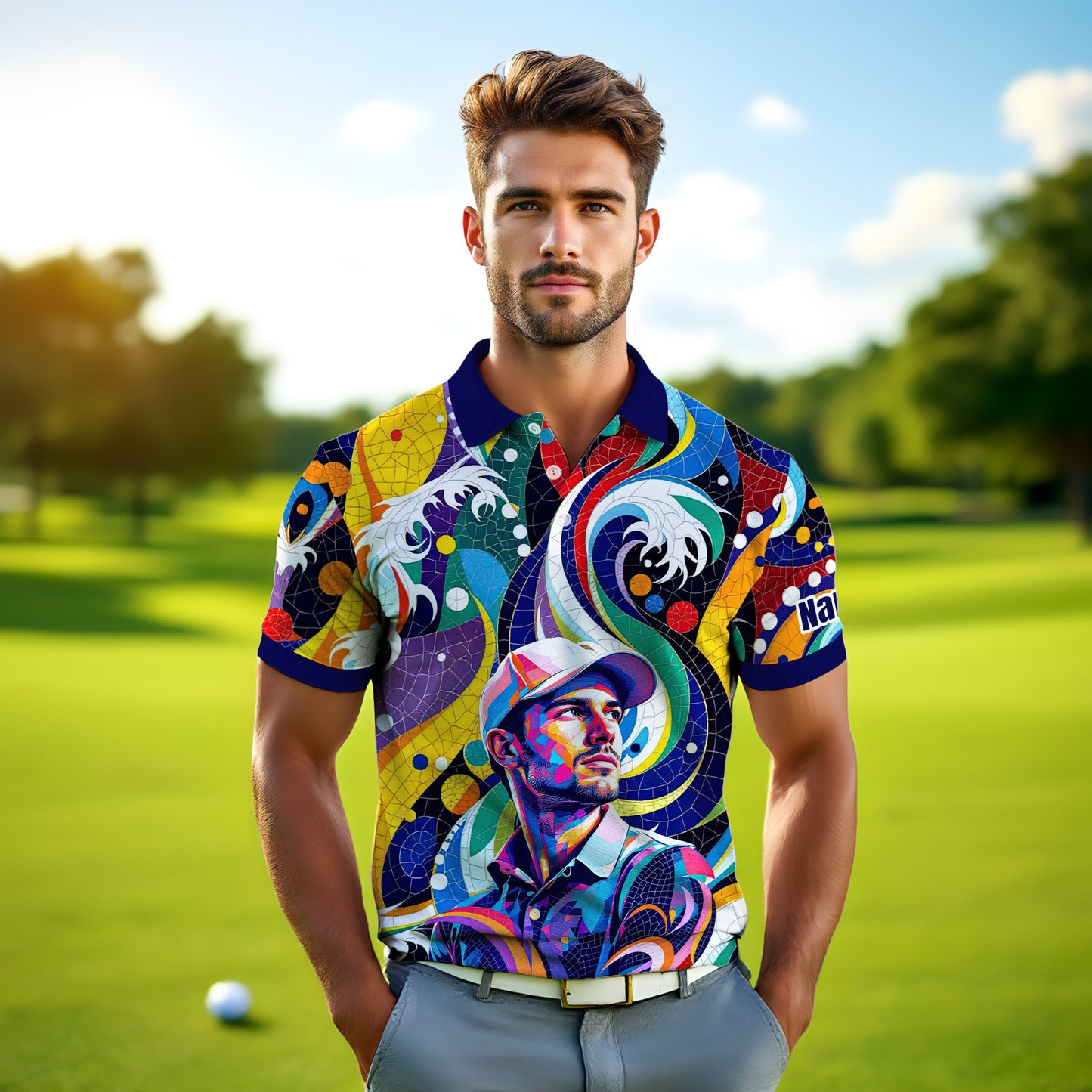 HomyGifts Men's Customized Face Artistic Golf Polo Shirt, Mosaic Art Style, Unique Personalized Golf Polo For Men Style 9