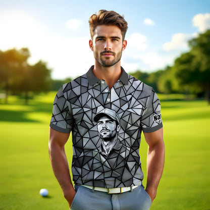 Angular Geometric Glass Pattern Custom Face Polo — Stained-Glass Mosaic Print, Personalized Sublimation Golf Shirt, Vibrant Geometric Portrait Tee