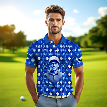Custom Face Polo Shirt – Geometric Diamond Pattern | Personalized Photo Golf Polo | Unique Gift for Him, Retro Geometric Style Shirt Style 8
