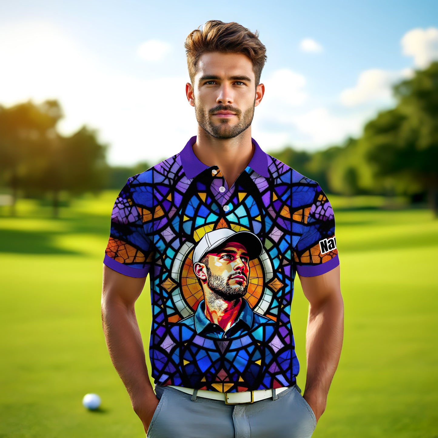 Custom Face Golf Polo Shirt – Personalized Stained Glass Art Shirt, Unique Golf Gift for Him, Colorful Abstract Golf Polo, Custom Sportswear
