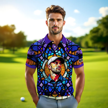Custom Face Golf Polo Shirt – Personalized Stained Glass Art Shirt, Unique Golf Gift for Him, Colorful Abstract Golf Polo, Custom Sportswear
