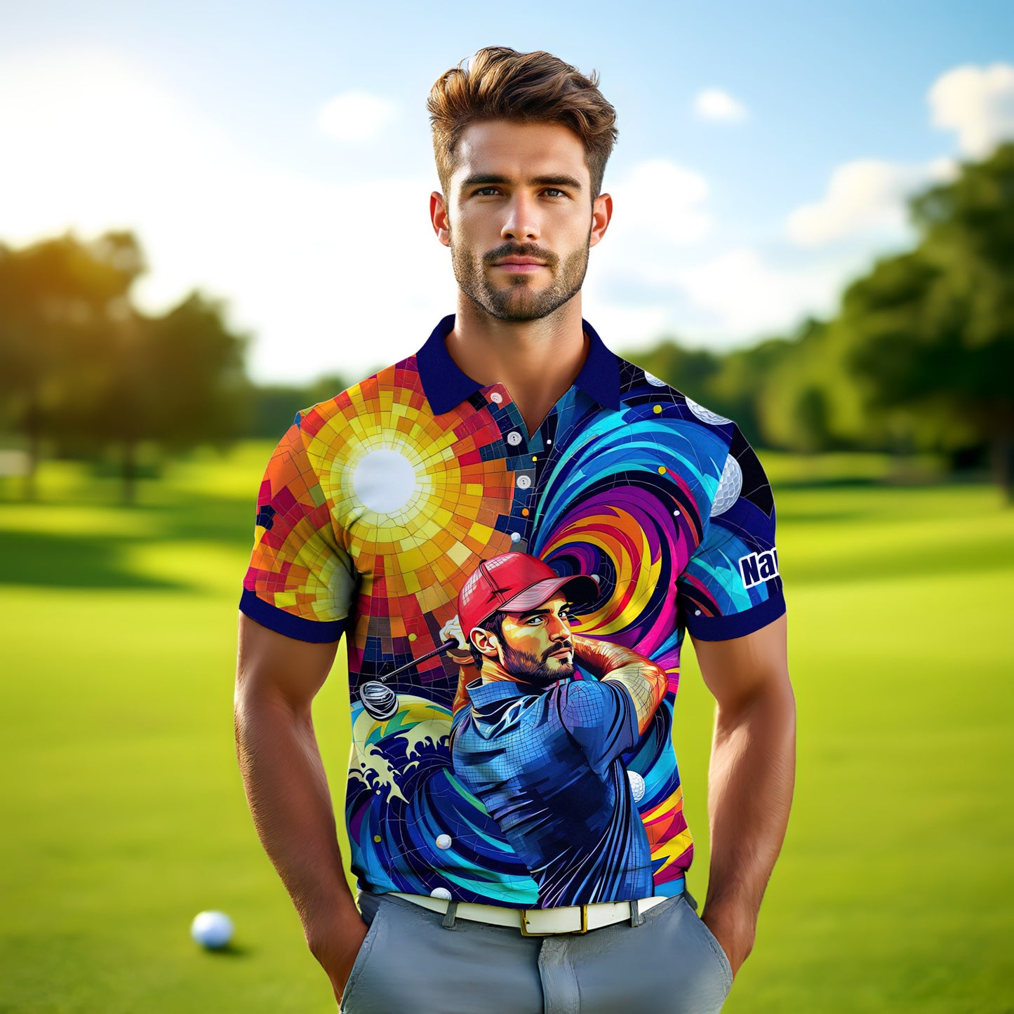 HomyGifts Men's Customized Face Artistic Golf Polo Shirt, Mosaic Art Style, Unique Personalized Golf Polo For Men Style 11