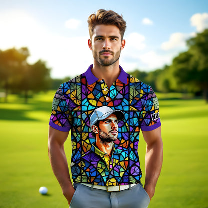 Custom Face Golf Polo Shirt – Personalized Stained Glass Art Shirt, Unique Golf Gift for Him, Colorful Abstract Golf Polo, Custom Sportswear