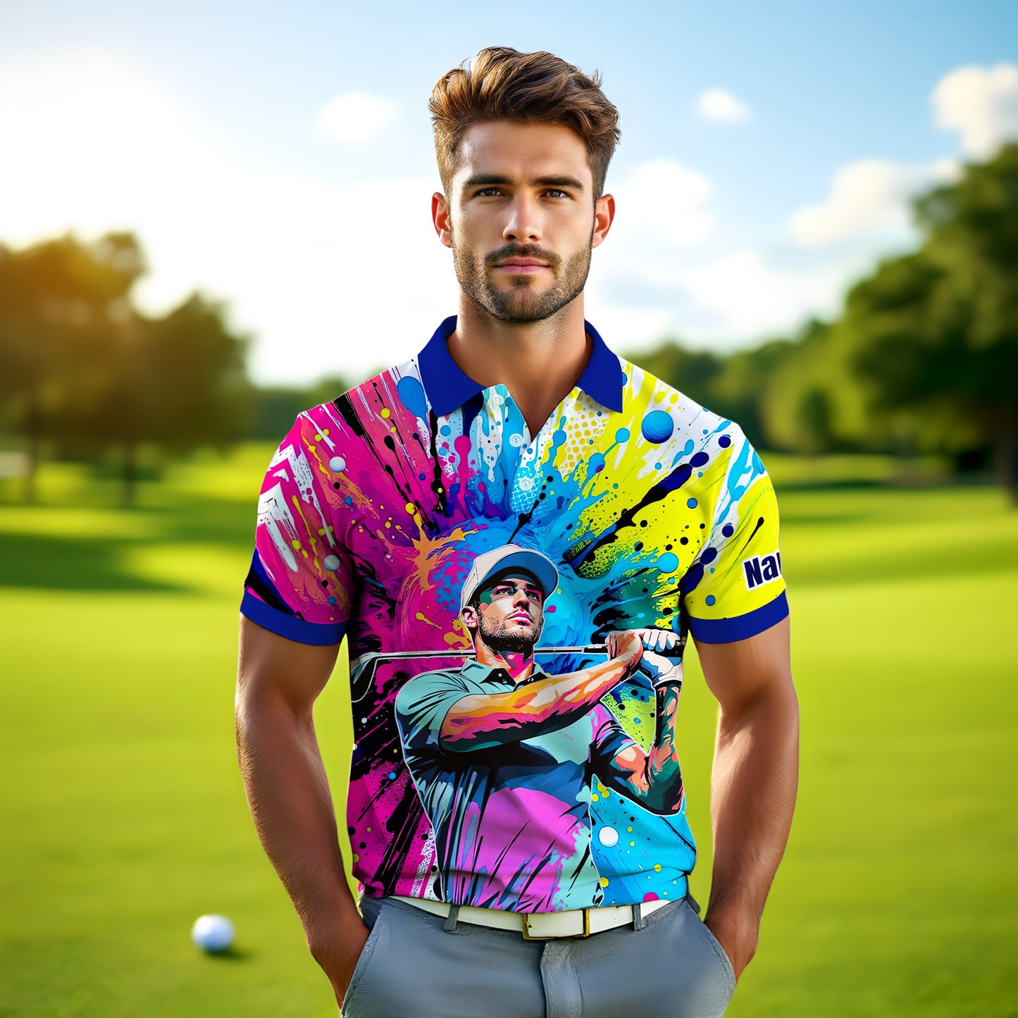 HomyGifts Men's Customized Face Artistic Golf Polo Shirt, Personalized Pop Art Golf Polo, Portrait Gift for Golfers Style 19