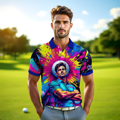HomyGifts Men's Customized Face Artistic Golf Polo Shirt, Personalized Pop Art Golf Polo, Portrait Gift for Golfers Style 4