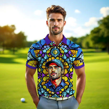 Custom Face Golf Polo Shirt – Personalized Stained Glass Art Shirt, Unique Golf Gift for Him, Colorful Abstract Golf Polo, Custom Sportswear