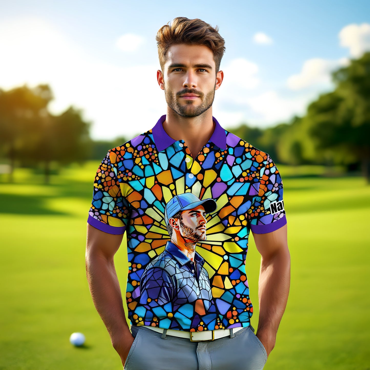 Custom Face Golf Polo Shirt – Personalized Stained Glass Art Shirt, Unique Golf Gift for Him, Colorful Abstract Golf Polo, Custom Sportswear