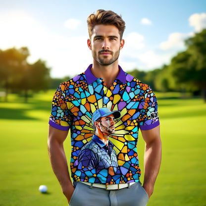 Custom Face Golf Polo Shirt – Personalized Stained Glass Art Shirt, Unique Golf Gift for Him, Colorful Abstract Golf Polo, Custom Sportswear