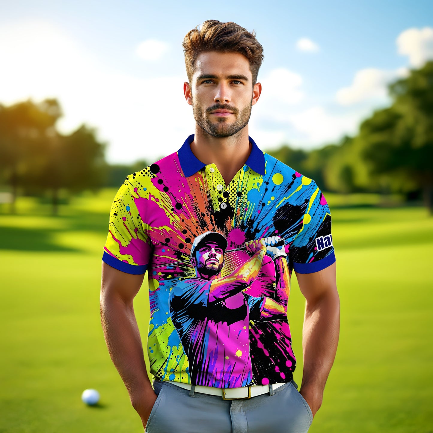 HomyGifts Men's Customized Face Artistic Golf Polo Shirt, Personalized Pop Art Golf Polo, Portrait Gift for Golfers Style 20