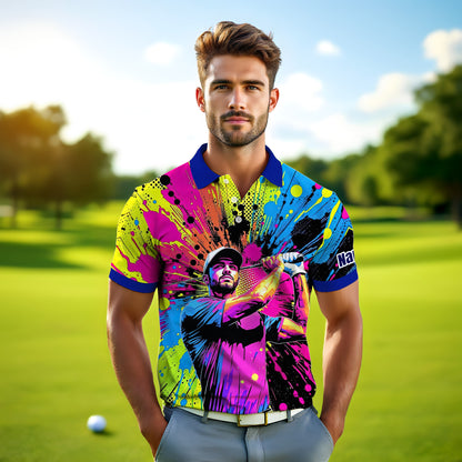 HomyGifts Men's Customized Face Artistic Golf Polo Shirt, Personalized Pop Art Golf Polo, Portrait Gift for Golfers Style 20