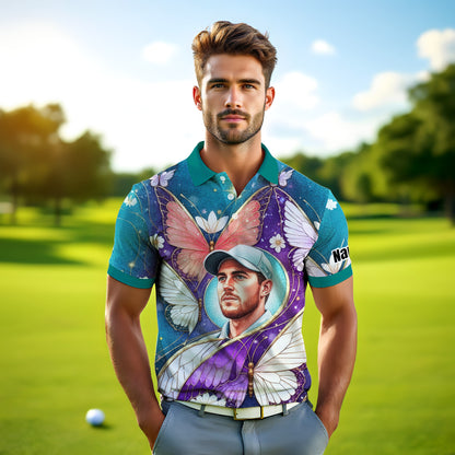 Custom Face Butterfly Golf Polo Shirt – Personalized Spring Mirage Art Style – Unique Gift for Him, Nature Inspired Men's Shirt Style 5