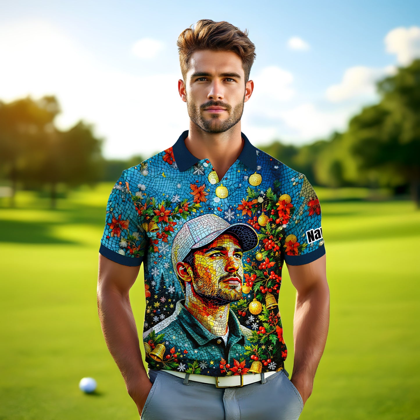 Personalized Christmas Golf Polo Shirt with Your Face – Custom Photo Holiday Shirt – Unique Mosaic Art Xmas Gift for Men, Custom Golf Apparel Style 3