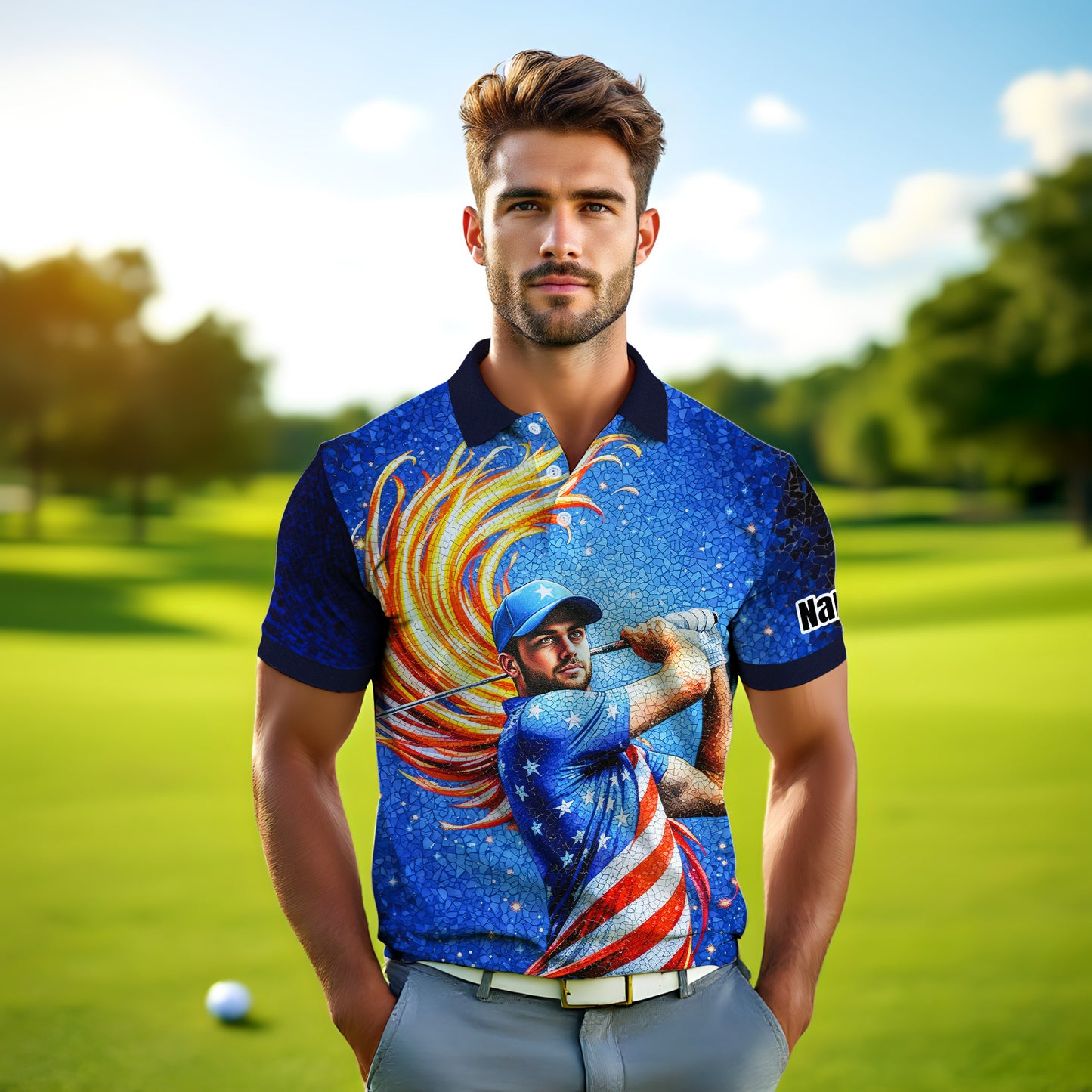 Custom Face Patriotic Golf Polo Shirt – Personalized USA Flag Design – American Pride Gift for Him – Mosaic Art Golf Shirt Style 10