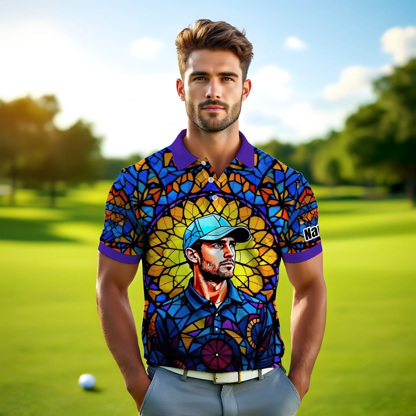Custom Face Golf Polo Shirt – Personalized Stained Glass Art Shirt, Unique Golf Gift for Him, Colorful Abstract Golf Polo, Custom Sportswear