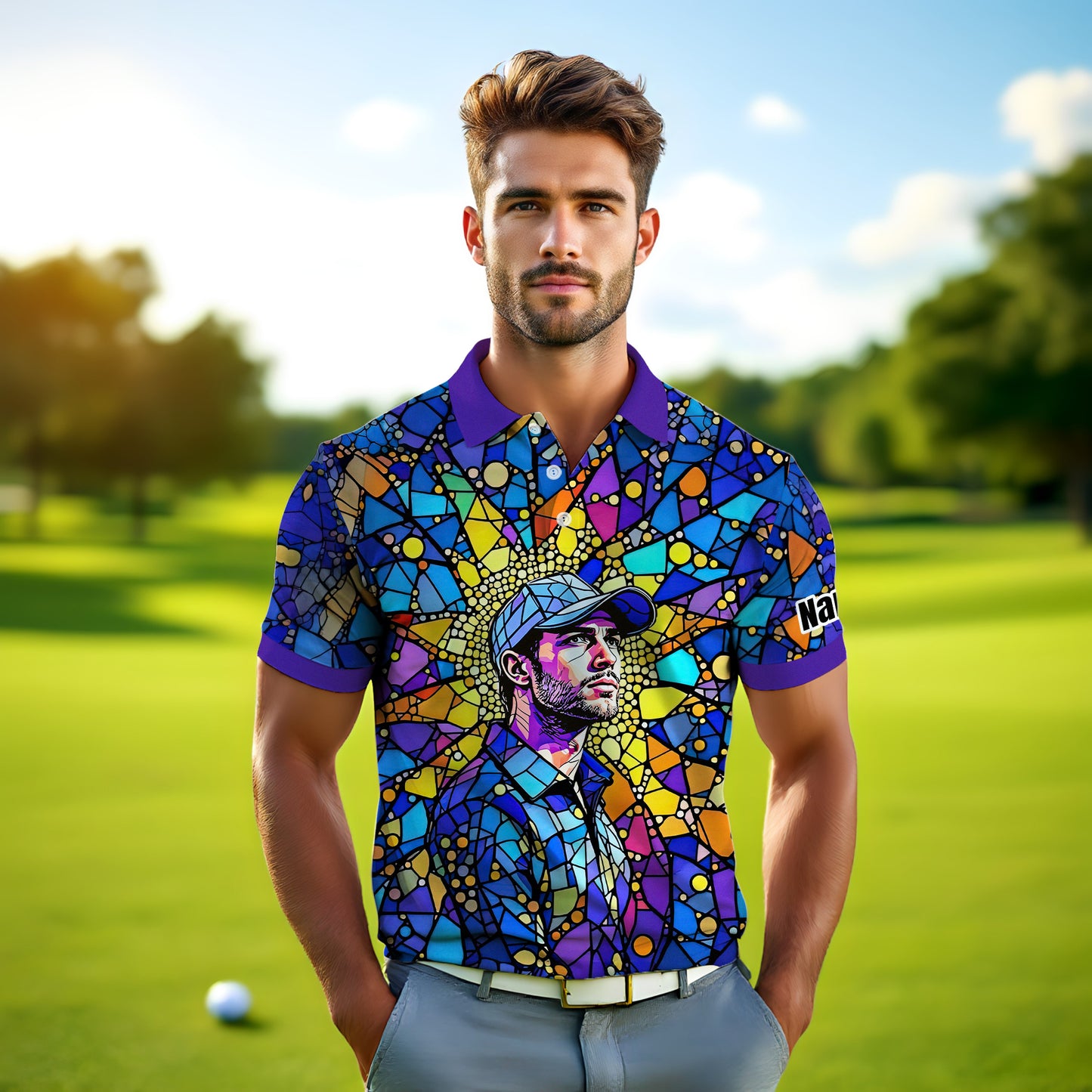Custom Face Golf Polo Shirt – Personalized Stained Glass Art Shirt, Unique Golf Gift for Him, Colorful Abstract Golf Polo, Custom Sportswear