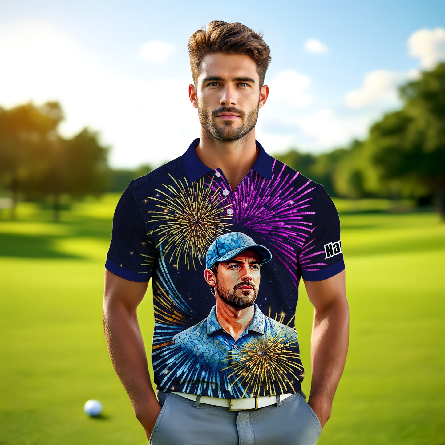 Custom Face Golf Polo Shirt – New Year Fireworks Edition | Personalized Golf Polo | Unique Holiday Gift for Him 2025 Style 3
