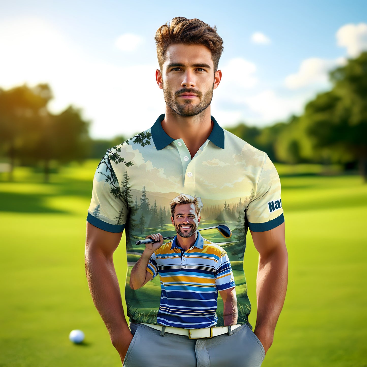 Custom Vintage Americana Golf Polo with Your Face - Retro Personalized Gift for Men Style 11