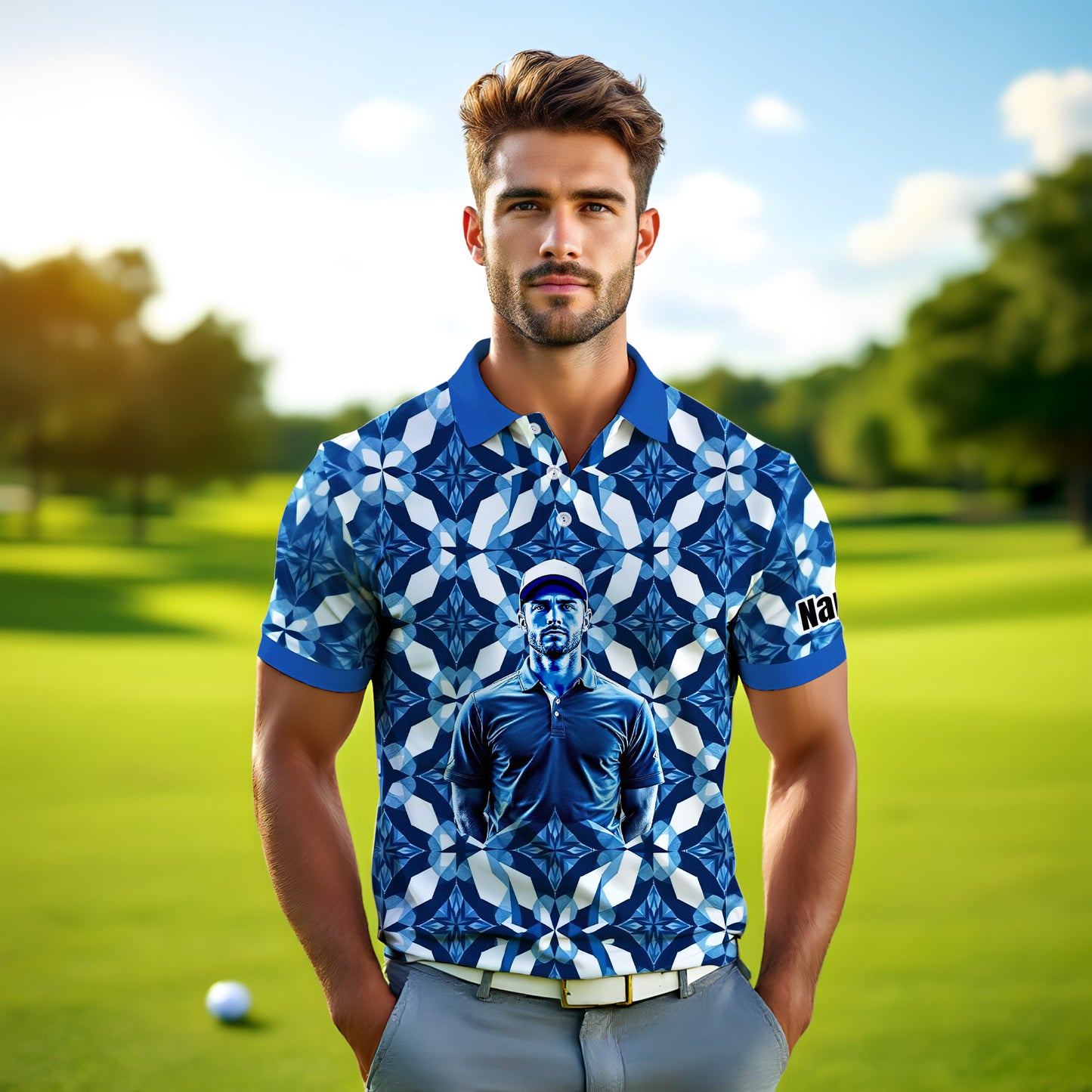 Custom Face Polo Shirt – Geometric Diamond Pattern | Personalized Photo Golf Polo | Unique Gift for Him, Retro Geometric Style Shirt Style 16
