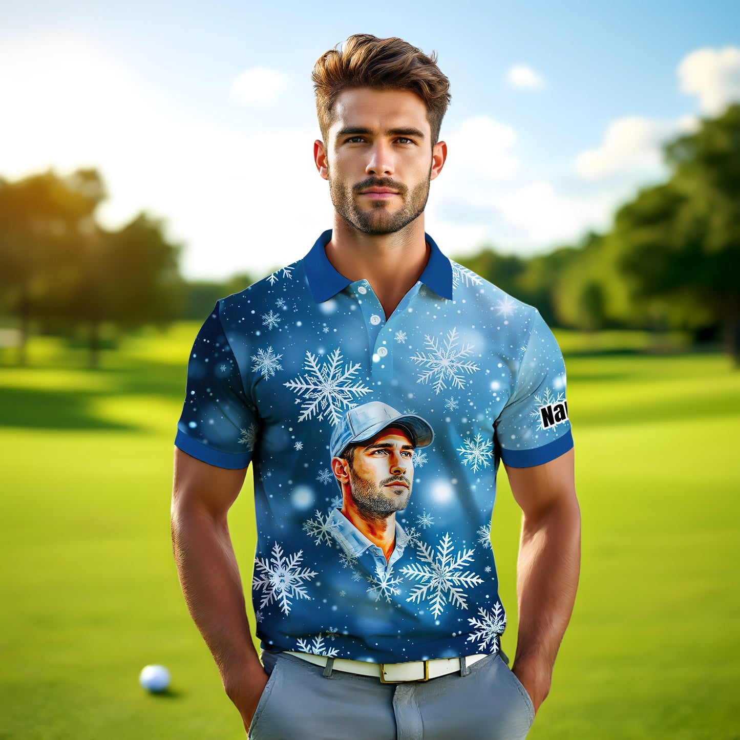 Custom Face Golf Polo Shirt – Personalized Christmas Golf Shirt for Him, Unique Holiday Gift for Golfer, Snowflake Design Golf Apparel Style 5