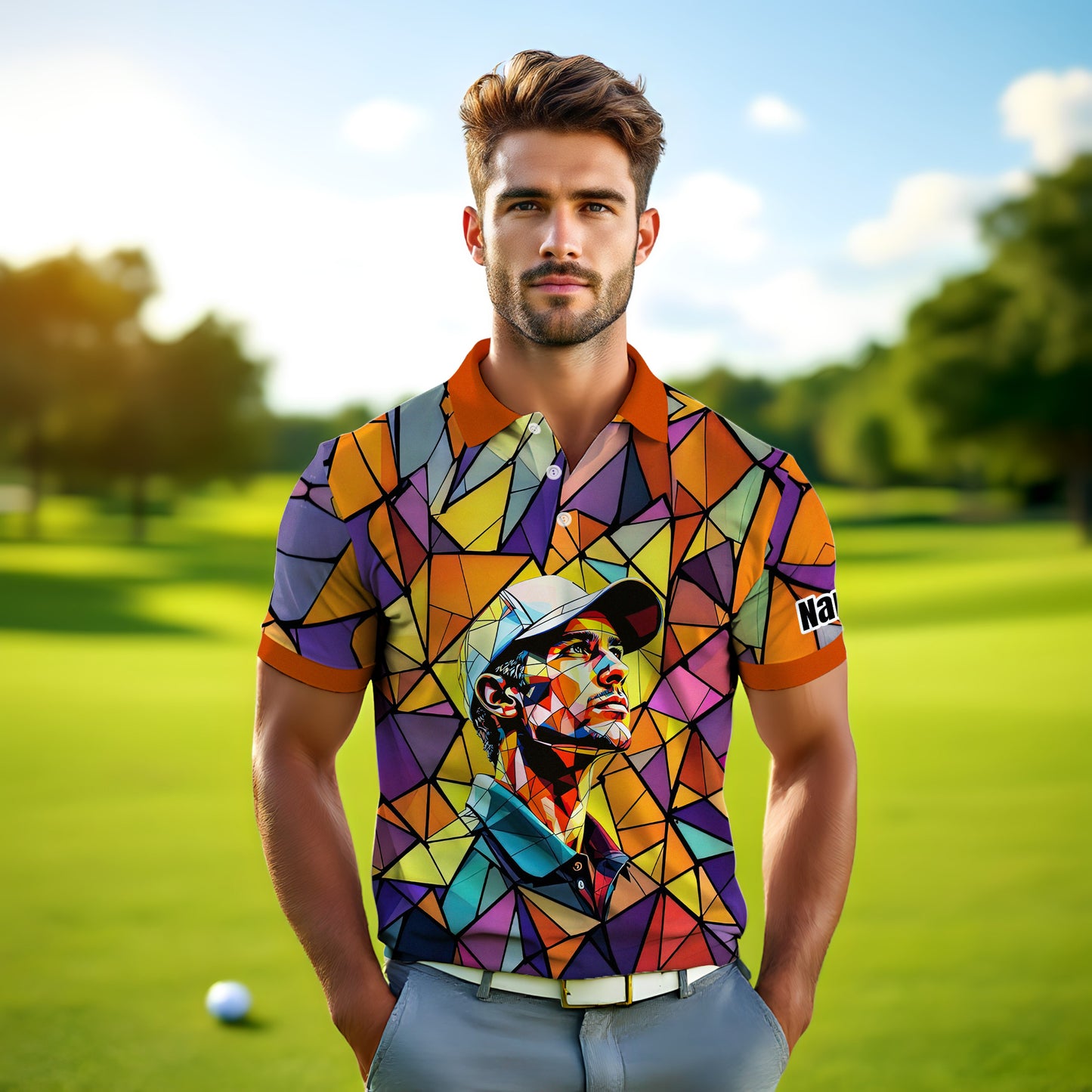 Angular Geometric Glass Pattern Custom Face Polo — Stained-Glass Mosaic Print, Personalized Sublimation Golf Shirt, Vibrant Geometric Portrait Tee
