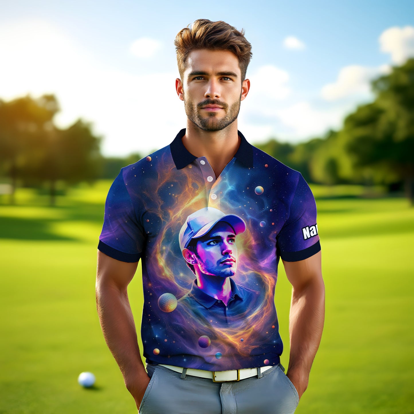 Custom Cosmic Portrait Polo Shirt – Personalized Surreal Galaxy Art with Your Face | Unique Gift for Golfers, Sports & Astrology Fans Style 6