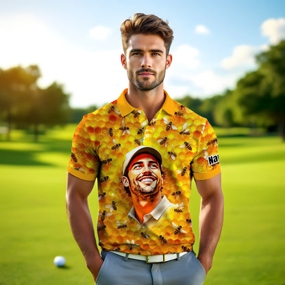 HomyGifts Men's Customized Face Artistic Golf Polo Shirt, Personalized Bee & Honeycomb Polo Shirt with Face, Funny Honey Lover Outfit, Summer Polo for Men Style 3