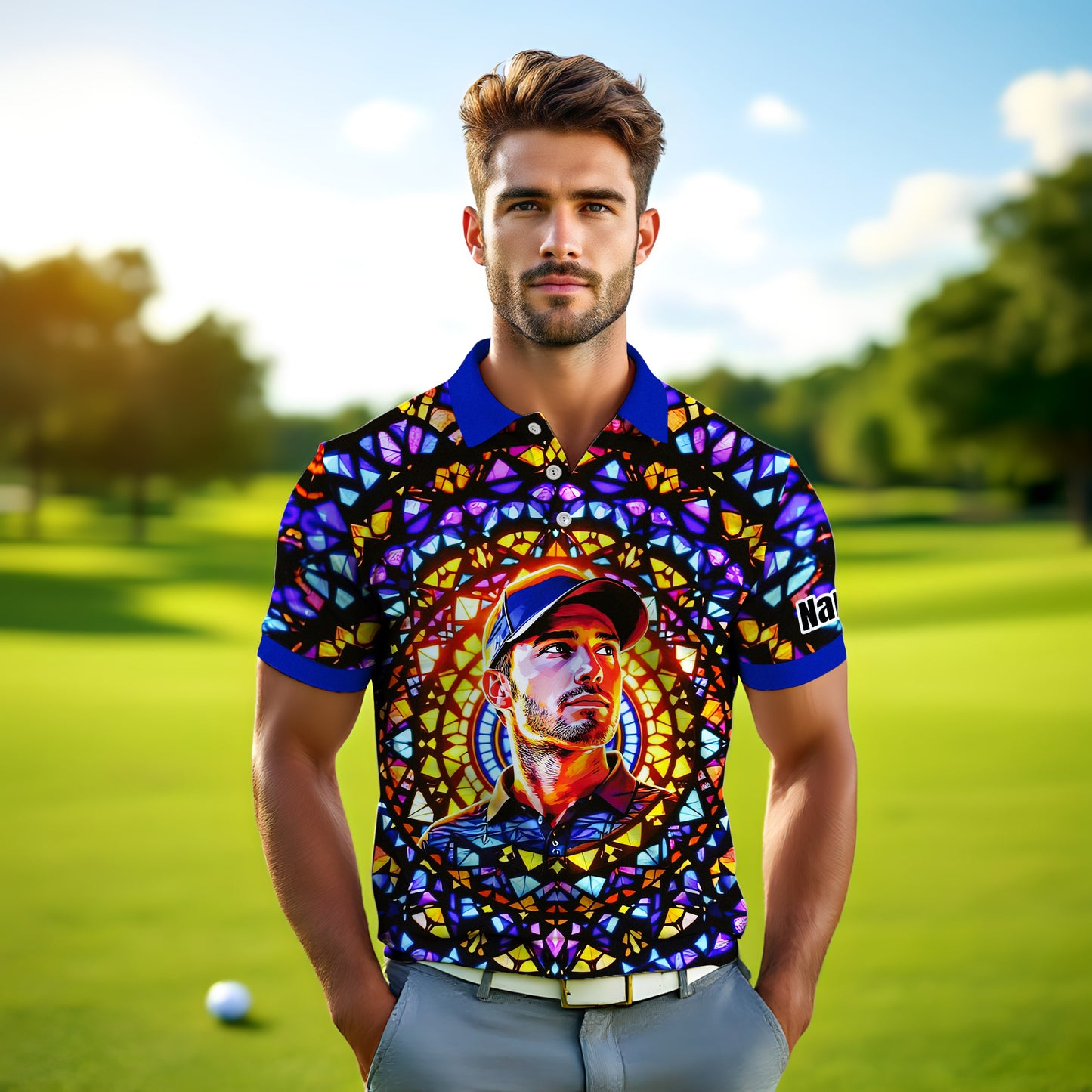 Custom Face Golf Polo Shirt – Personalized Stained Glass Mandala Style Polo, Unique Gift for Men & Women, Vibrant Artistic Golf Shirt, Custom Photo Polo