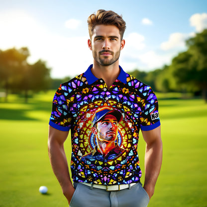 Custom Face Golf Polo Shirt – Personalized Stained Glass Mandala Style Polo, Unique Gift for Men & Women, Vibrant Artistic Golf Shirt, Custom Photo Polo