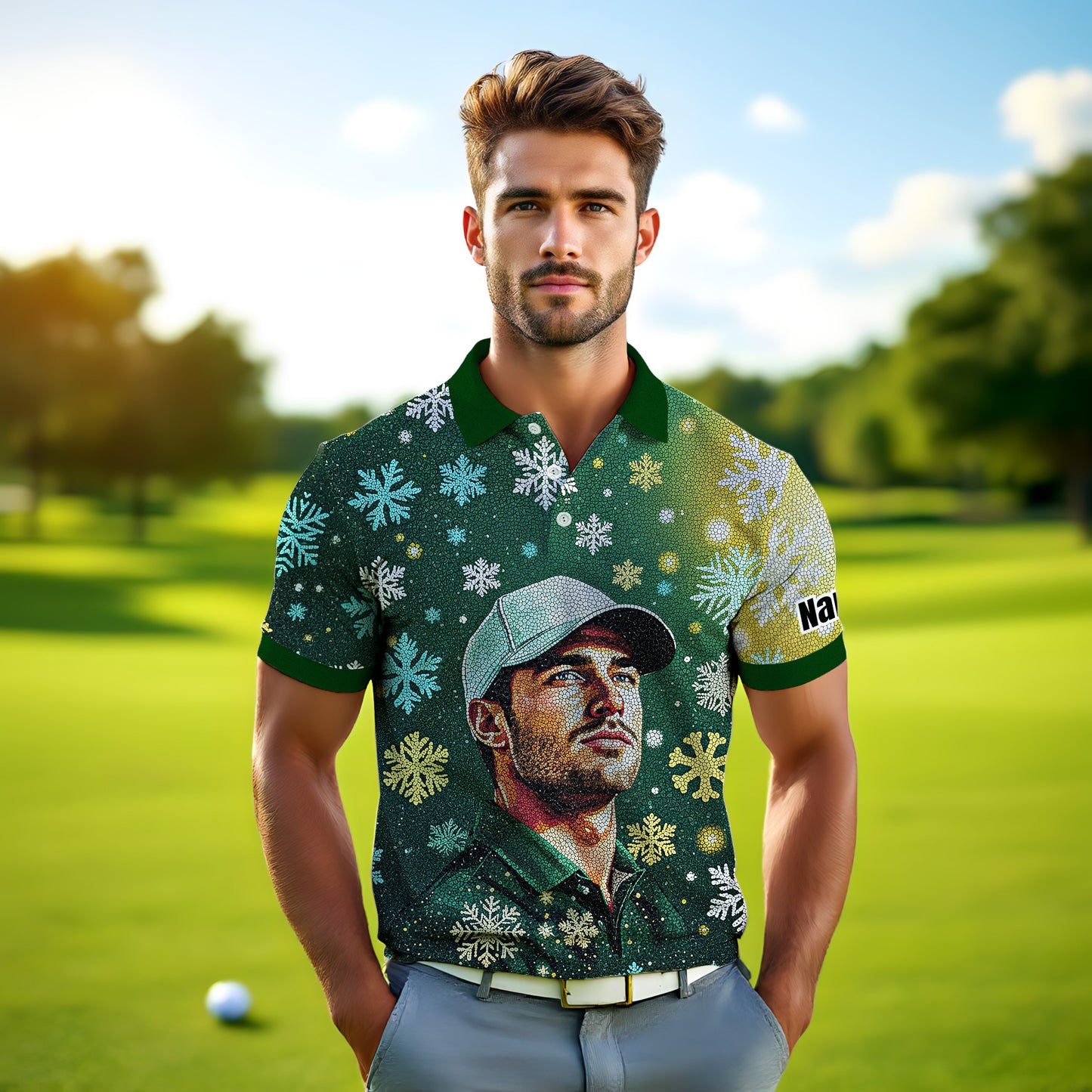 Custom Face Golf Polo Shirt – Personalized Christmas Golf Shirt for Him, Unique Holiday Gift for Golfer, Snowflake Design Golf Apparel Style 18