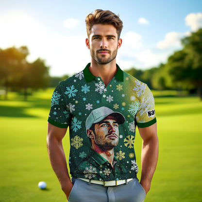 Custom Face Golf Polo Shirt – Personalized Christmas Golf Shirt for Him, Unique Holiday Gift for Golfer, Snowflake Design Golf Apparel Style 18