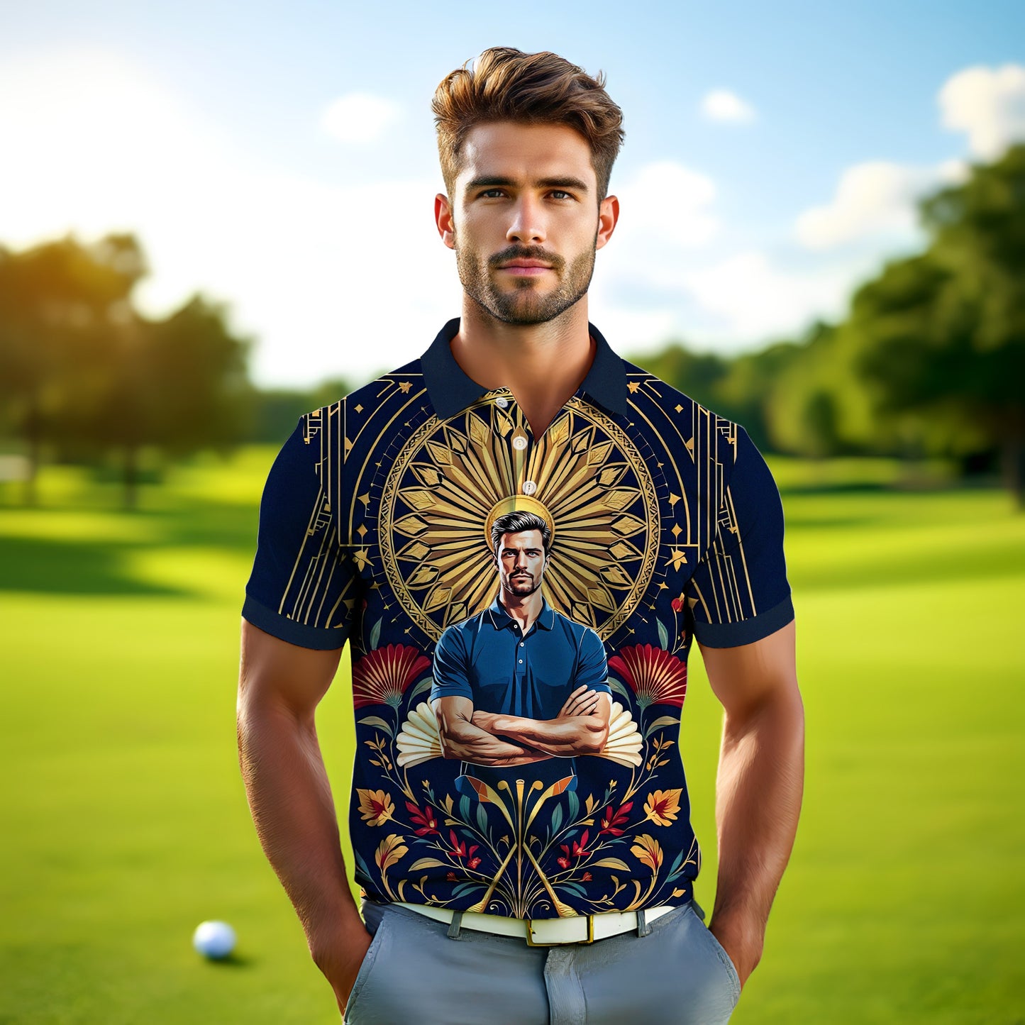 Custom Face Golf Polo Shirt – Swing in Gold Art Deco Revival Style | Personalized Golf Shirt for Men Style 2