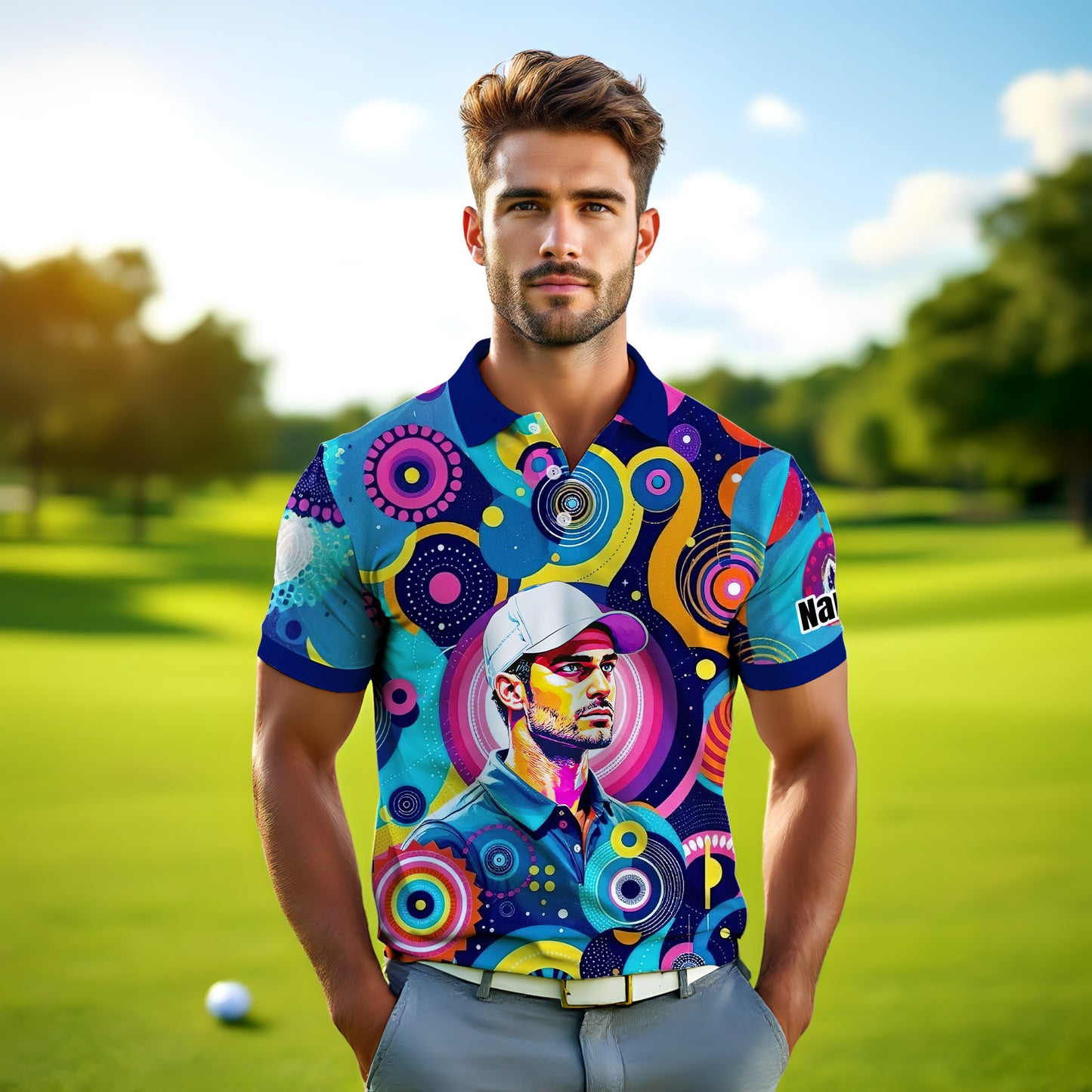 HomyGifts Custom Face Polo Shirt – Personalized Abstract Geometric Art Photo Shirt, Unique Gift for Him & Her