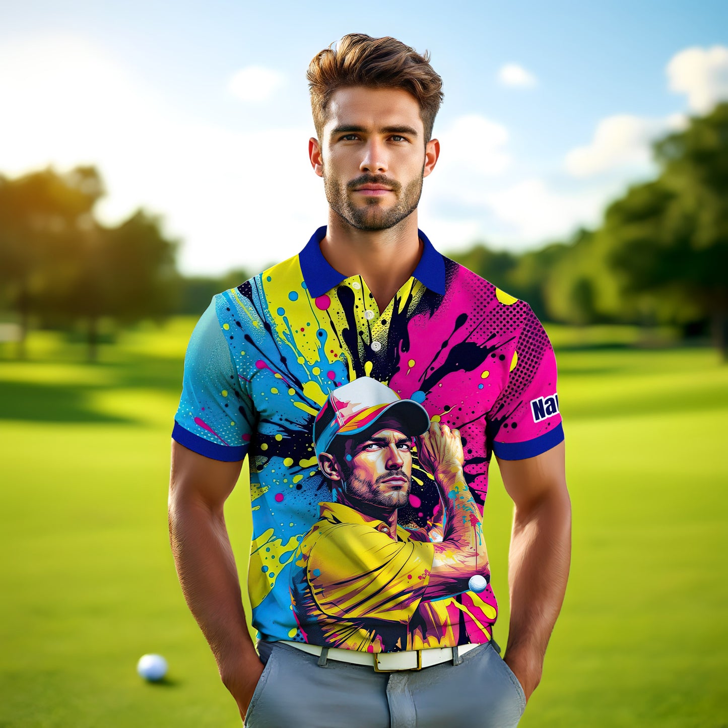 HomyGifts Men's Customized Face Artistic Golf Polo Shirt, Personalized Pop Art Golf Polo, Portrait Gift for Golfers Style 15